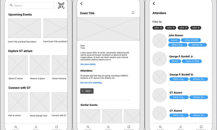 Three lo-fidelity atrium app prototype images starting with a page for finding atrium resources, then moving to a page for exploring events, then showing a page for initiating connections.