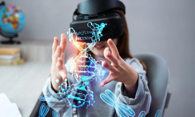 A child wearing VR glasses tries to touch a VR DNA graphic.