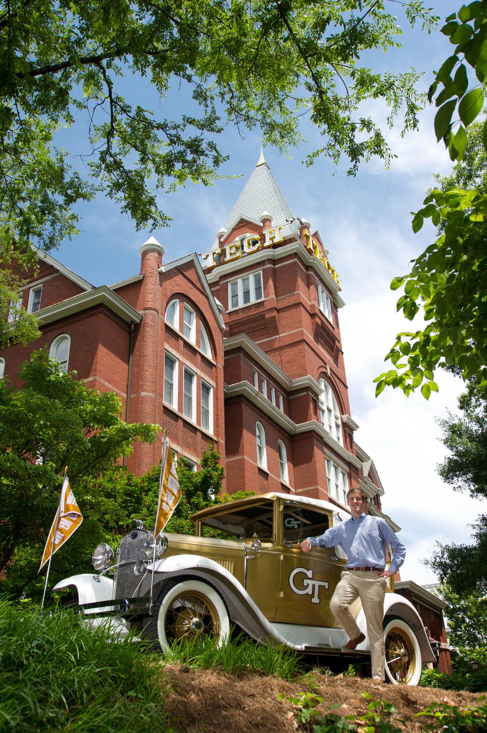 Tech Tower with the Ramblin Wreck in front of it.