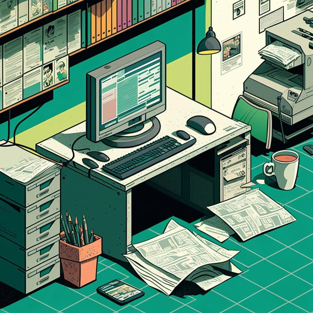 A computer on a messy desk, illustration