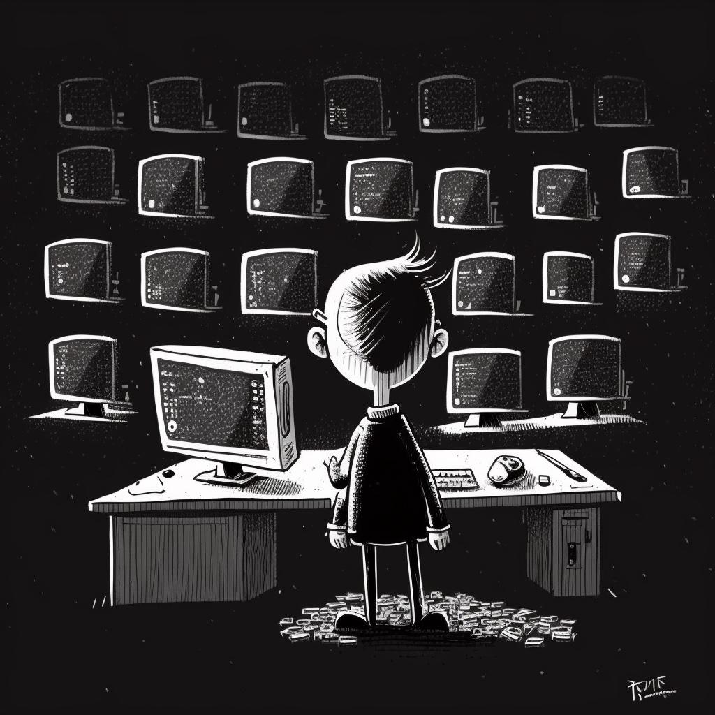 A teacher in front of a computer presenting to multiple computers