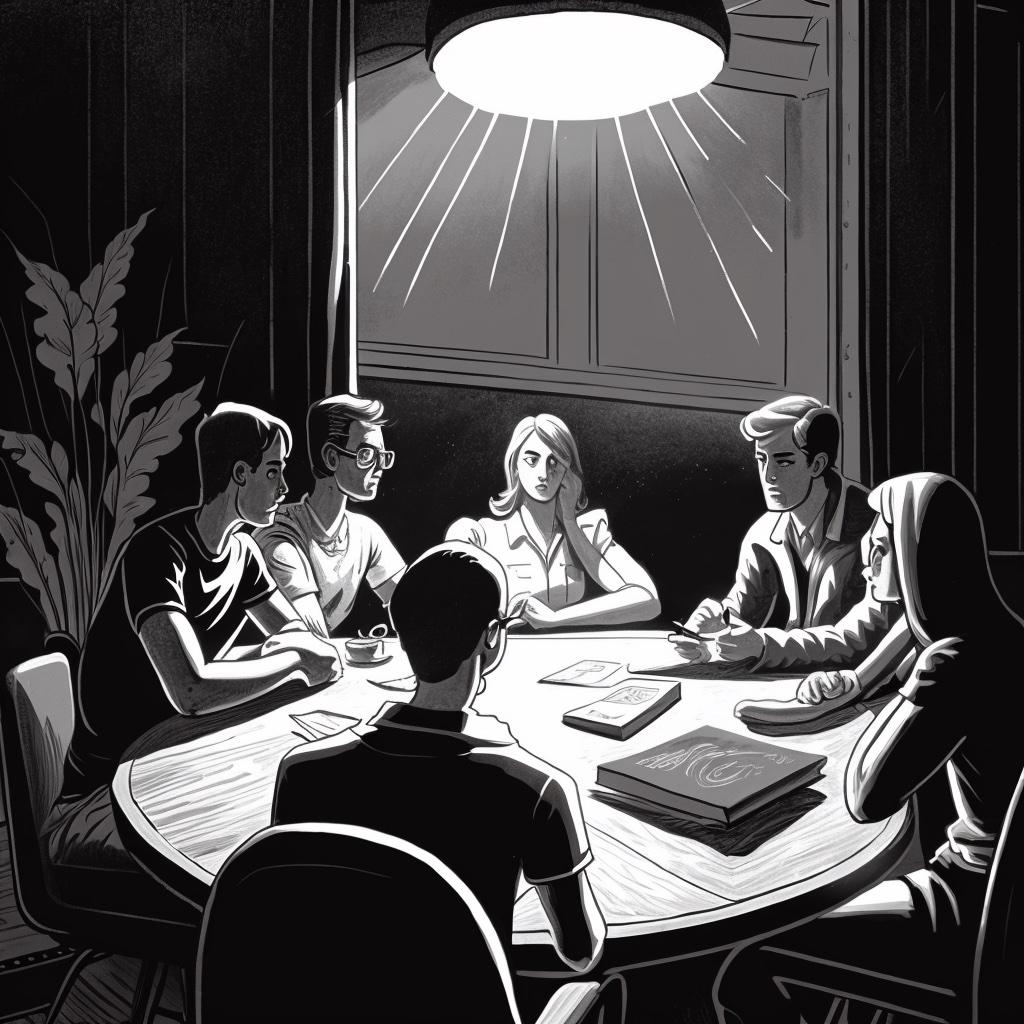 A focus group sitting around a circle, illustration