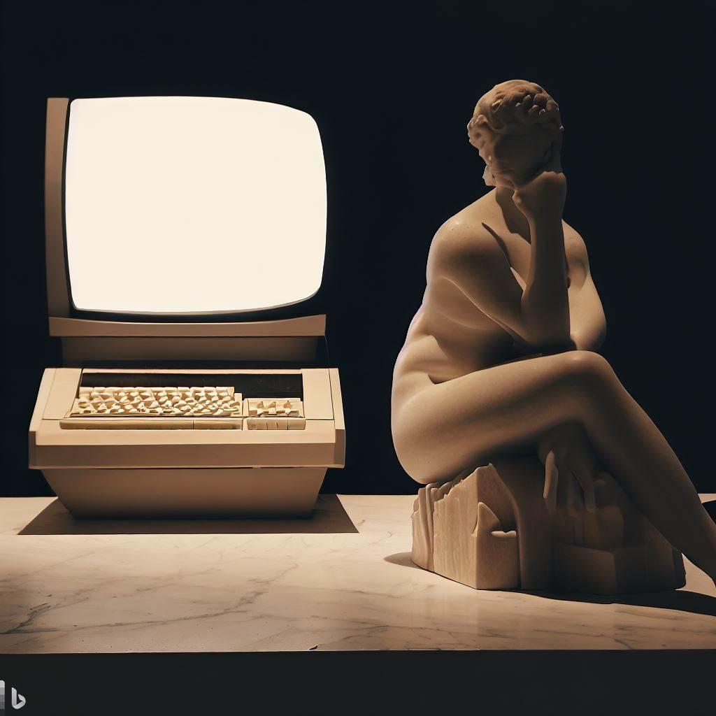 A computer sitting behind a sculpture.
