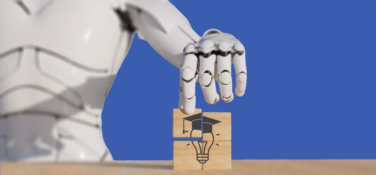 Detail of a hand and torso of a humanoid touching a wooden block.