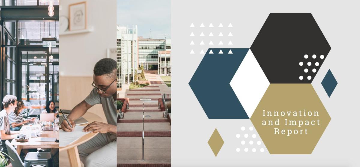 The cover graphic for the C21U Innovation and Impact Report - showing the title of the report, and three images (left to right) of students studying together, a lone student working on his homework, and the Klaus building on campus.