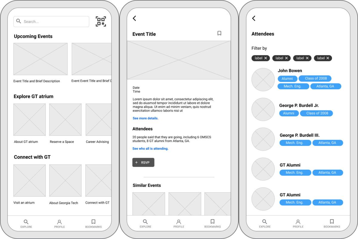 Three lo-fidelity atrium app prototype images starting with a page for finding atrium resources, then moving to a page for exploring events, then showing a page for initiating connections.