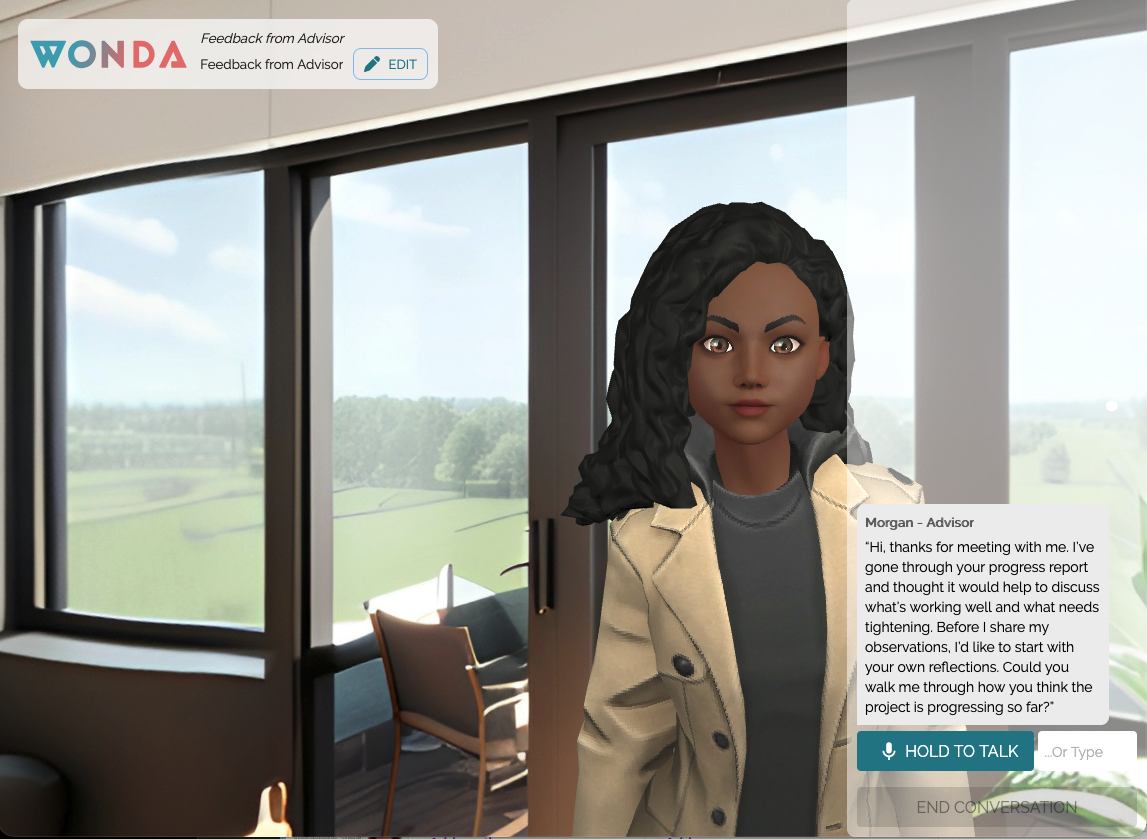 A virtual reality simulation shows an animated advisor character standing in a modern office with large windows overlooking a green outdoor landscape, accompanied by an on‑screen dialogue box prompting the user to respond in the scenario.
